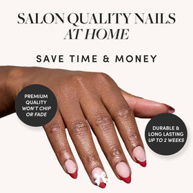 Glamnetic Press On Nails Short Almond Ruby Ribbons with 3D pearl gems