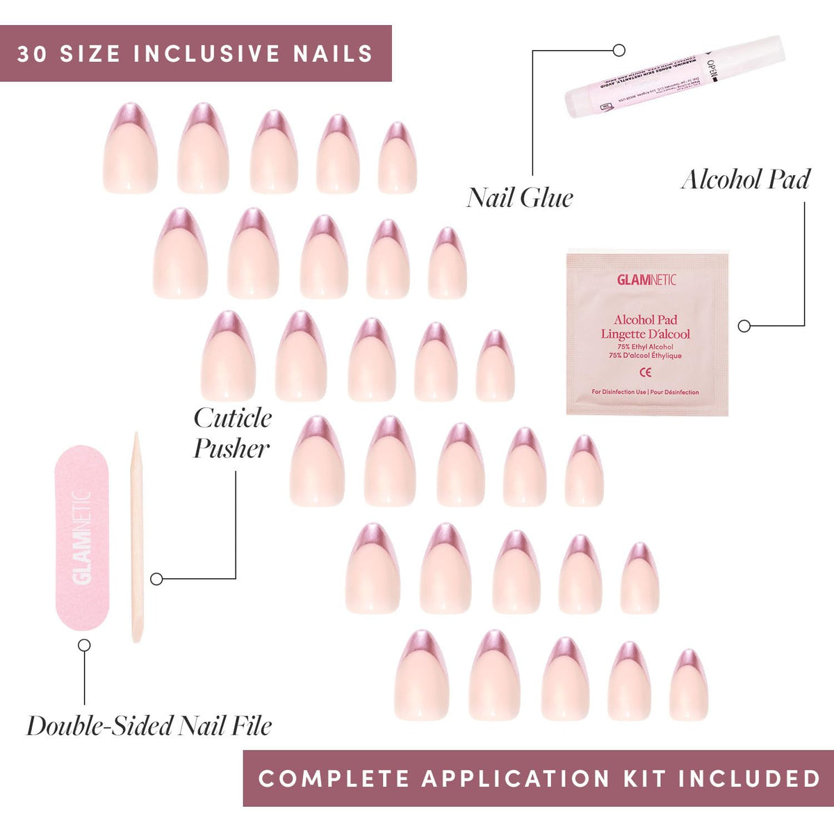 Glamnetic Press On Nails Short Almond showing different sizes