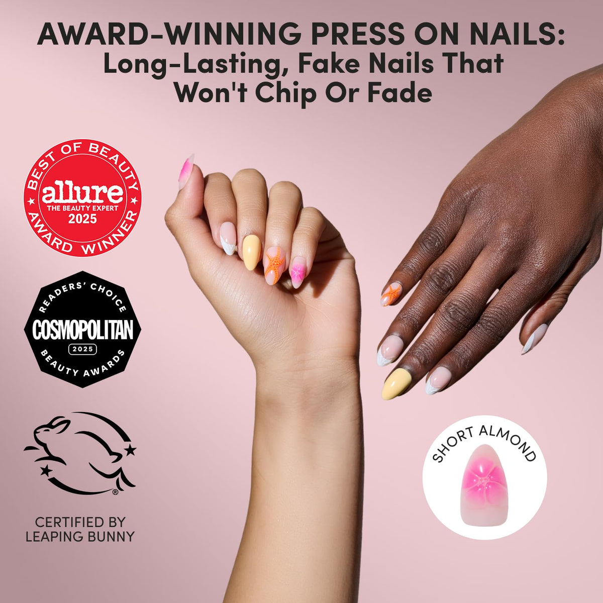 Glamnetic Press On Nails Short Almond tropical design close-up