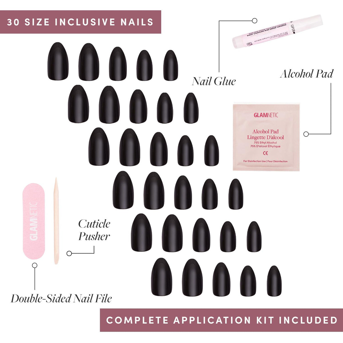 Glamnetic Press On Nails Short Almond with nail glue and accessories