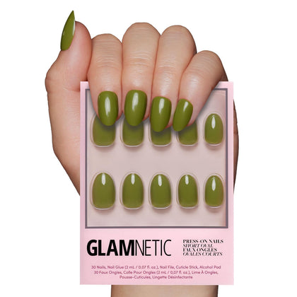 Glamnetic Press On Nails Short Oval Moss Green front view