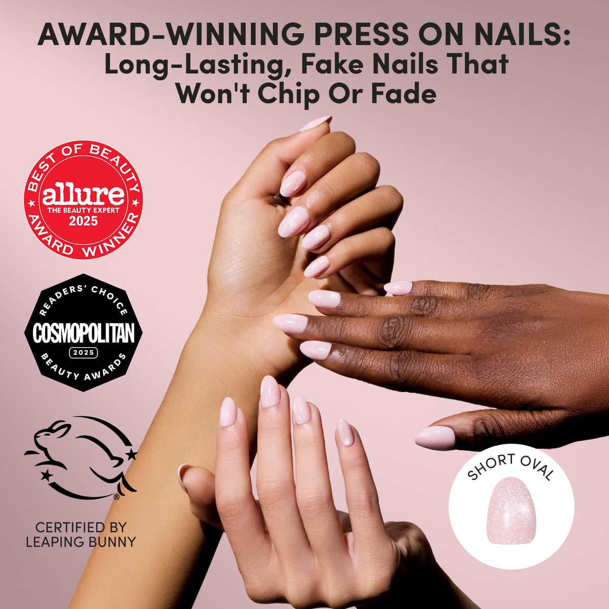 Glamnetic Press On Nails Short Oval Velvet Pink Shimmer nail glue and accessories