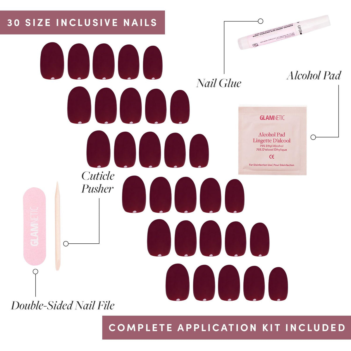 Glamnetic Press On Nails Short Round Dark Red cuticle stick and alcohol pad