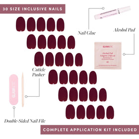 Glamnetic Press On Nails Short Round Dark Red cuticle stick and alcohol pad