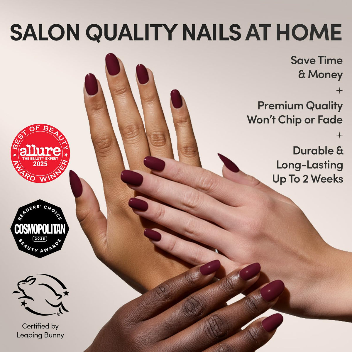 Glamnetic Press On Nails Short Round Dark Red nails in storage box