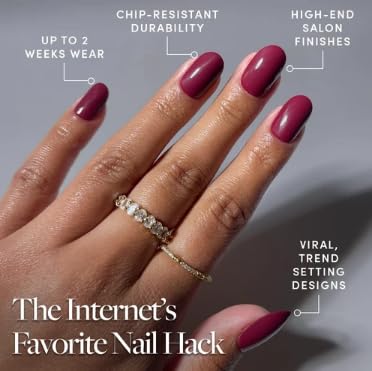 Glamnetic Press On Nails Short Round Dark Red with nail glue and accessories