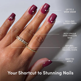 Glamnetic Press On Nails Short Squoval Dark Maroon kit with accessories