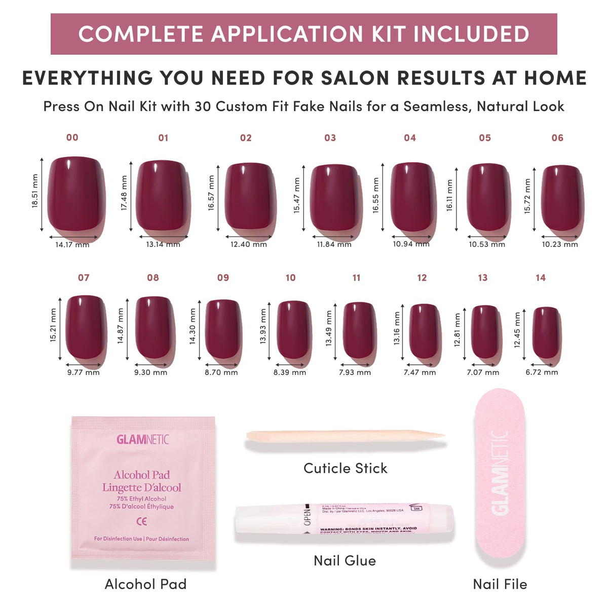 Glamnetic Press On Nails Short Squoval Dark Maroon nail glue and file