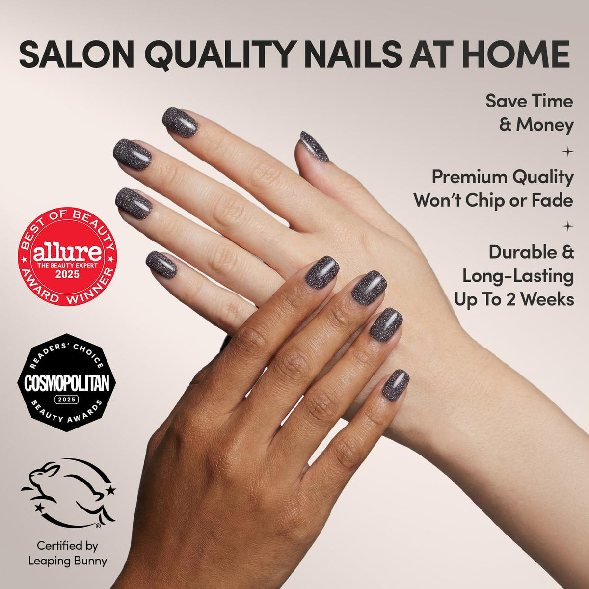 Glamnetic Press On Nails Short Squoval Glossy sparkly black design close-up