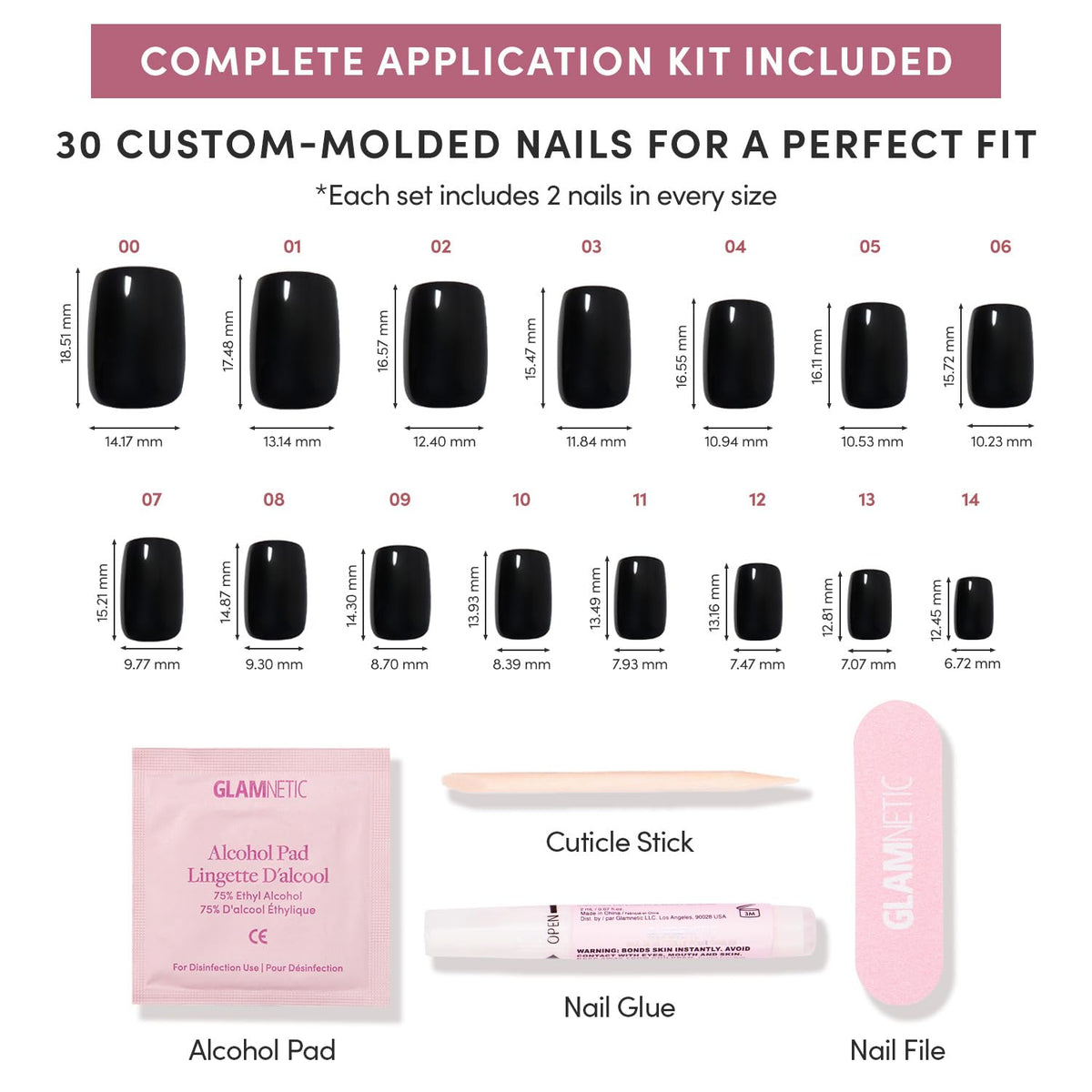 Glamnetic Press On Nails Short Squoval Jet Black with double-sided nail file