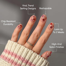 Glamnetic Press On Nails Short Squoval with 3D gemstone hearts close-up