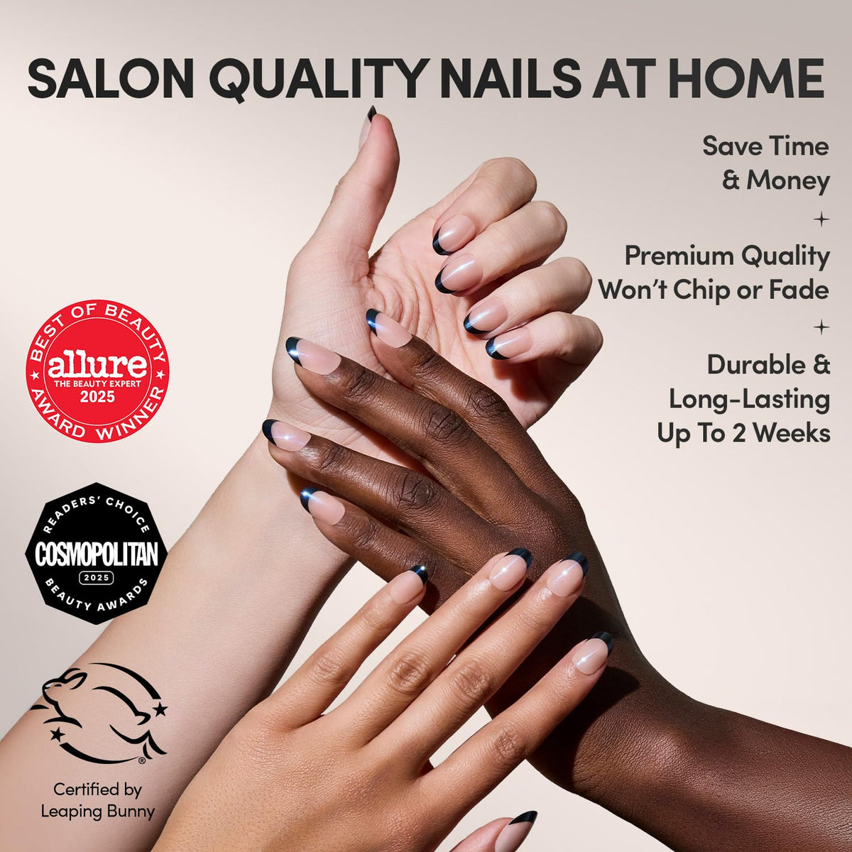 Glamnetic Press On Nails showing black French tip design