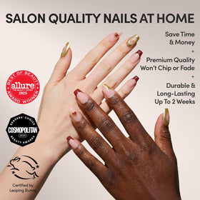 Glamnetic Press On Nails showing burgundy and gold design