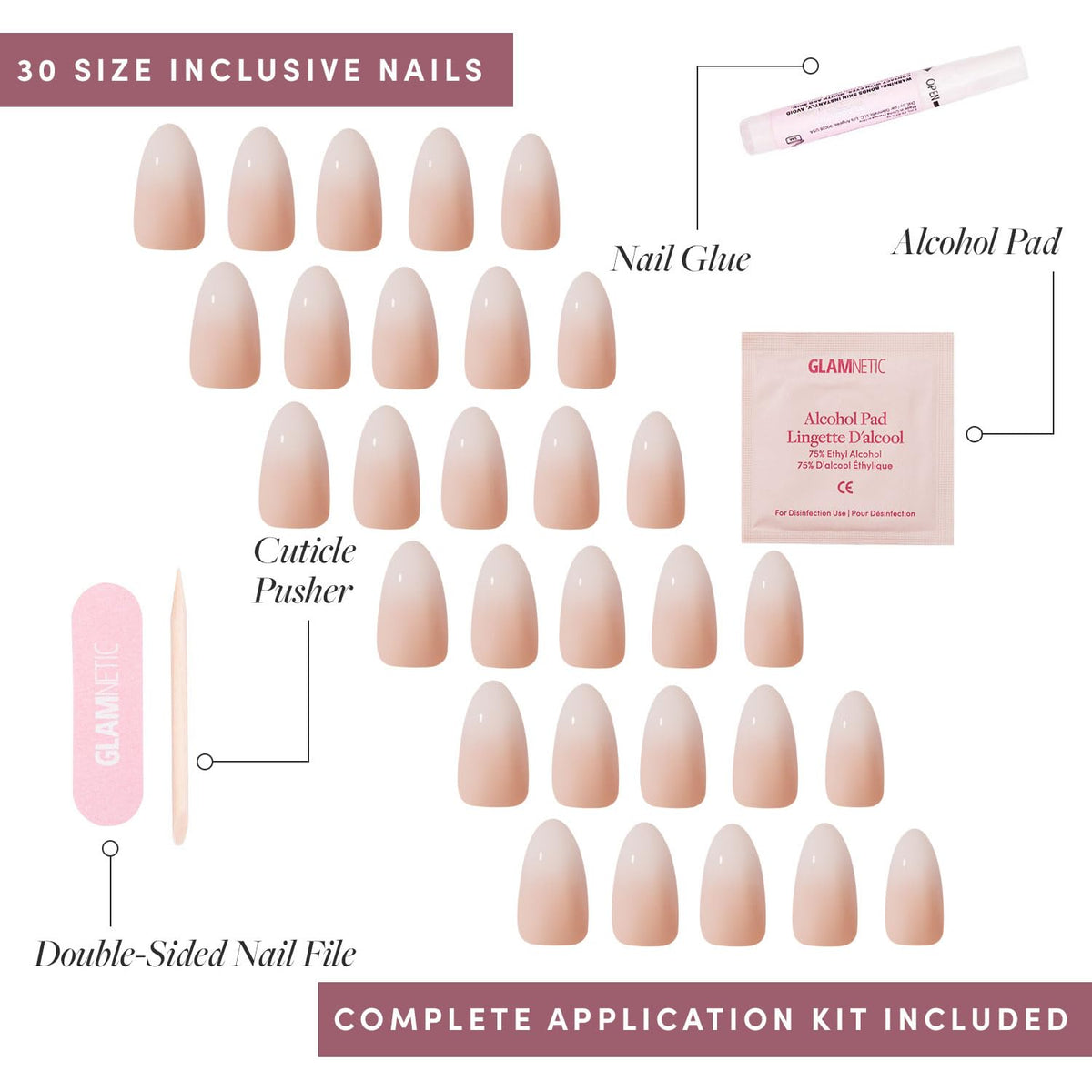 Glamnetic Press On Nails with cuticle stick and alcohol pad