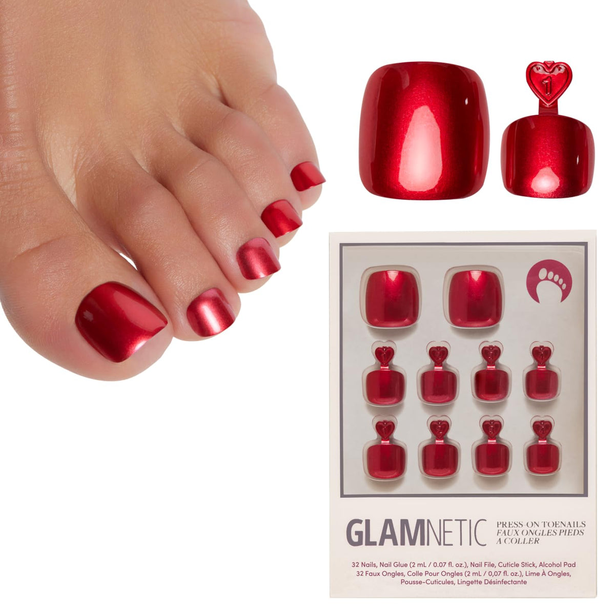 Glamnetic Press On Toenails Cherry Red Chrome full kit front view