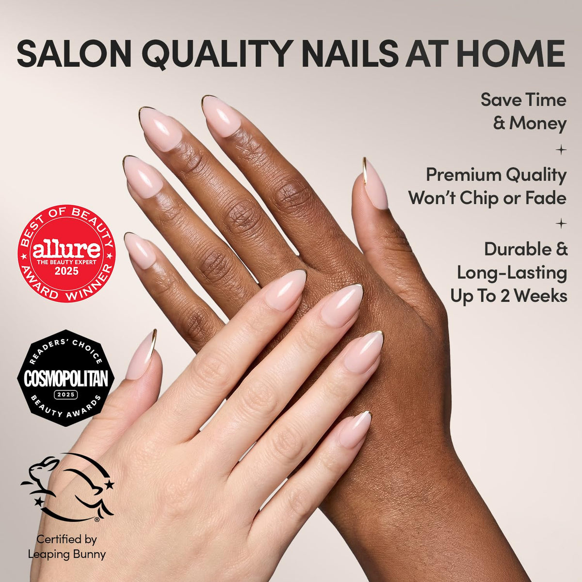 Glamnetic Short Almond nails with gold French tips in packaging