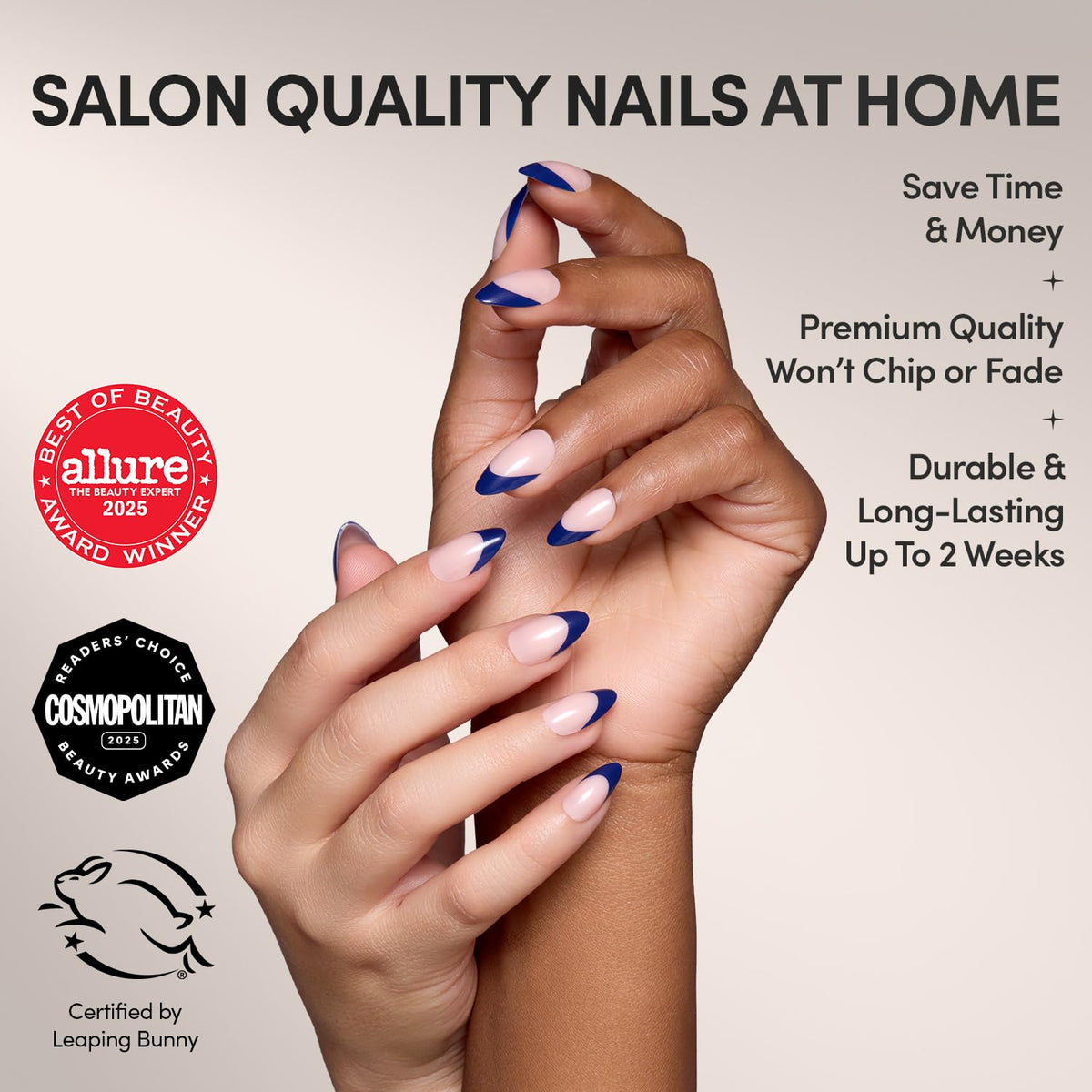 Glamnetic Short Almond Press On Nails in navy French tip design