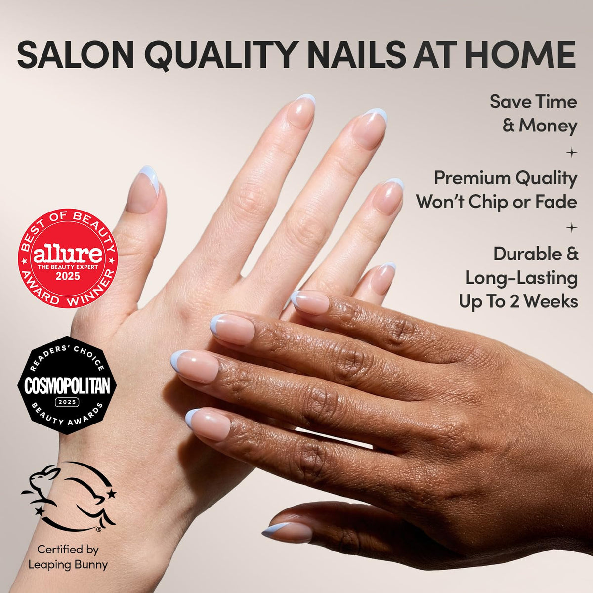 Glamnetic short oval press on nails with soft periwinkle micro French tips