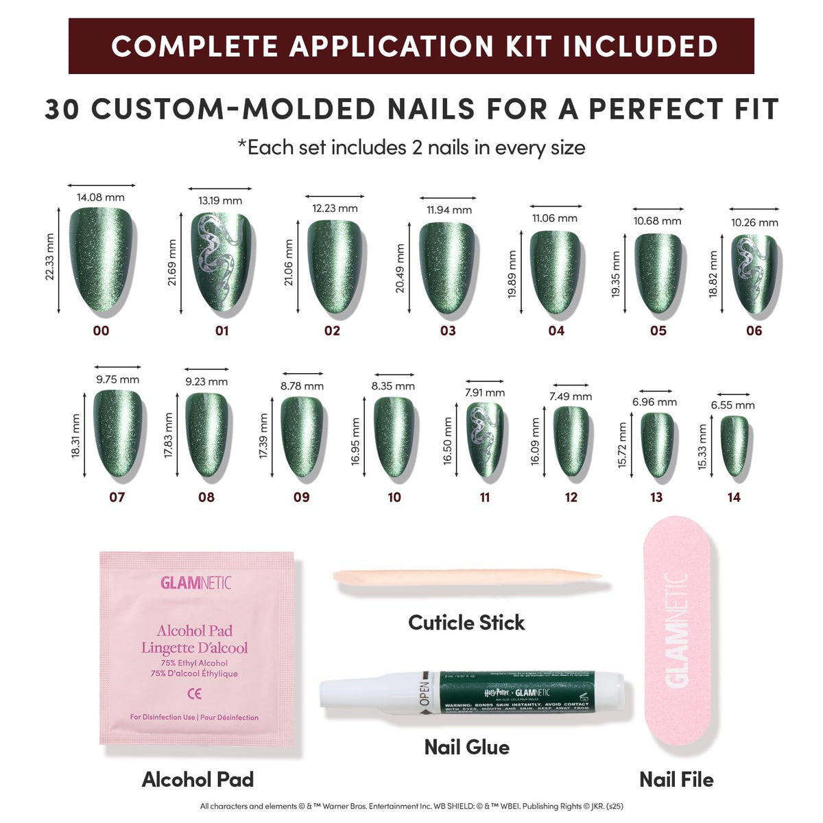 Glamnetic Slytherin Press On Nails in various sizes displayed on a table