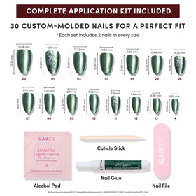 Glamnetic Slytherin Press On Nails in various sizes displayed on a table