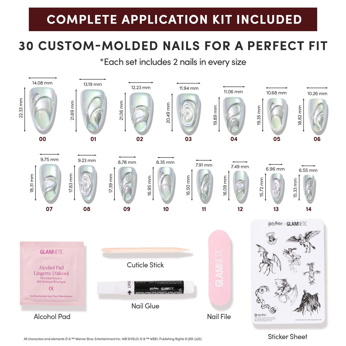 Glamnetic Unicorn Blood Press On Nails in various sizes laid out