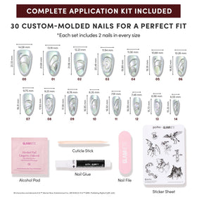 Glamnetic Unicorn Blood Press On Nails in various sizes laid out