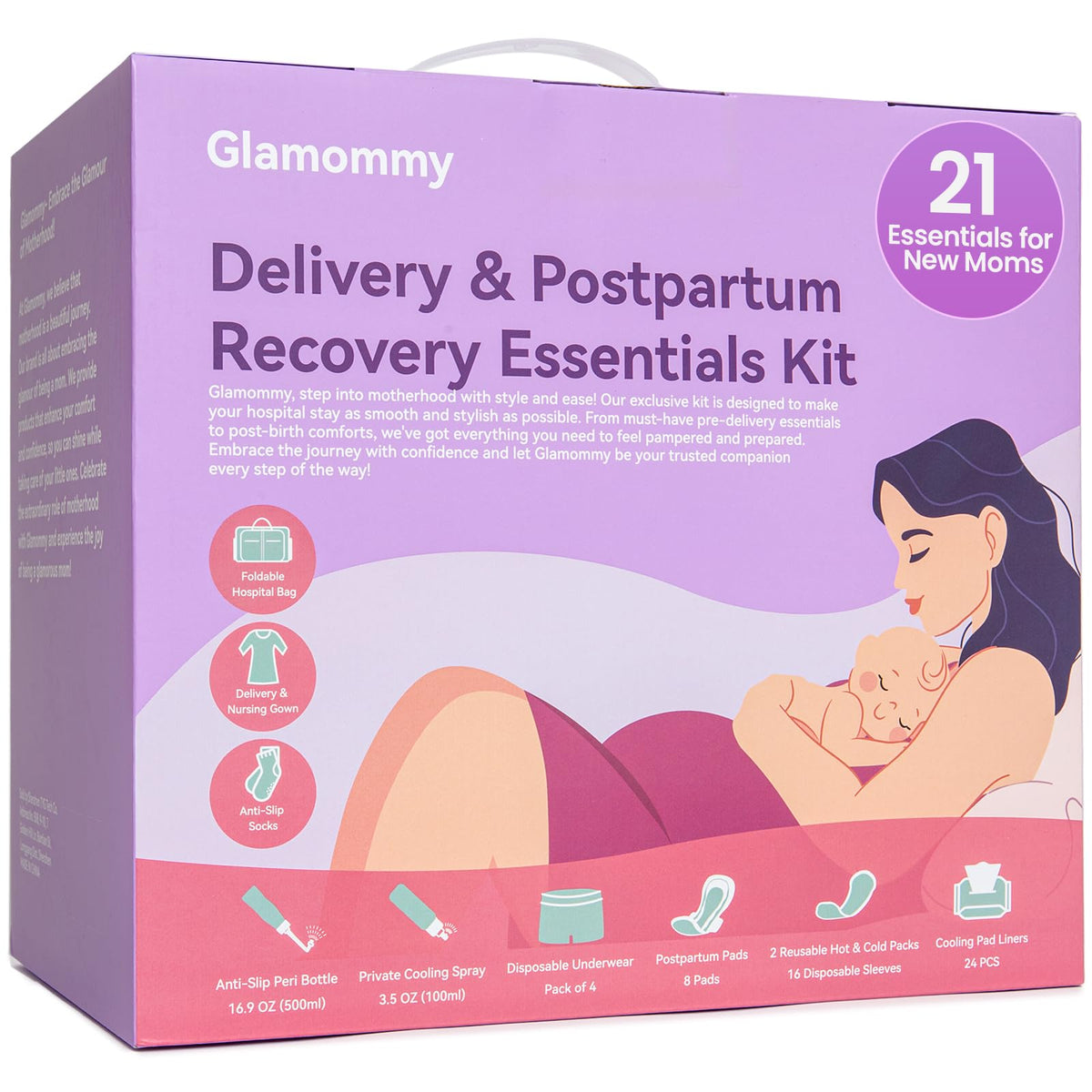 Glamommy Postpartum Recovery Kit contents displayed on a table