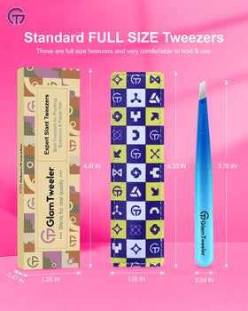GlamTweeler Expert Slant Tip Tweezers displayed with beauty products