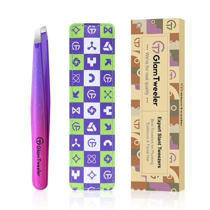 GlamTweeler Expert Slant Tip Tweezers front view with leather case