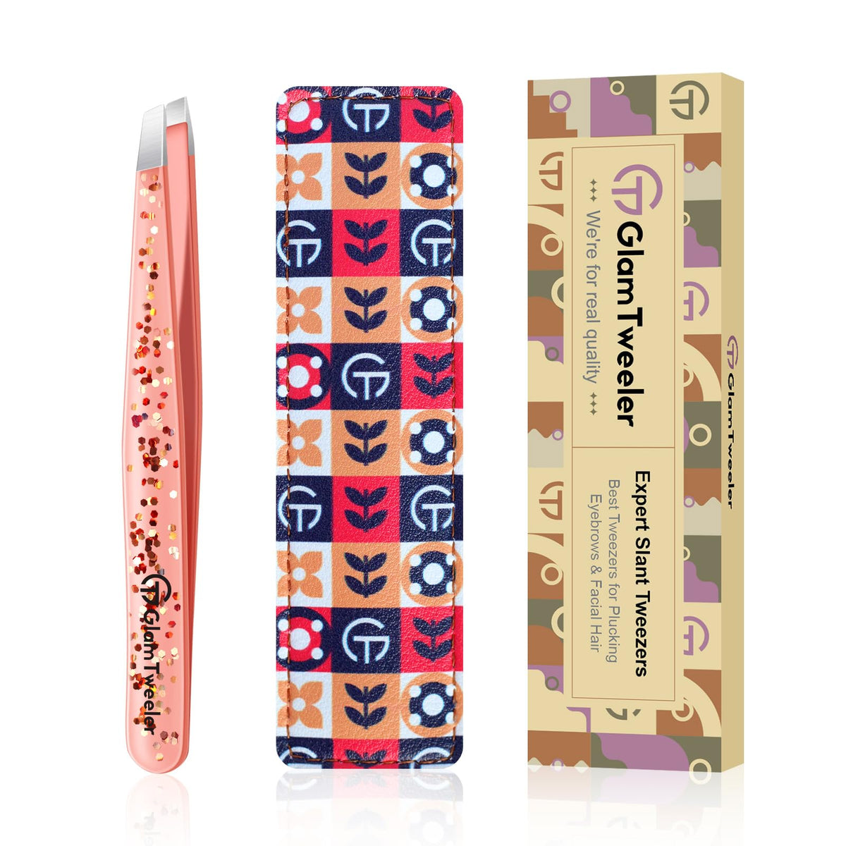 GlamTweeler Expert Slant Tip Tweezers in Glitter Rose Gold front view