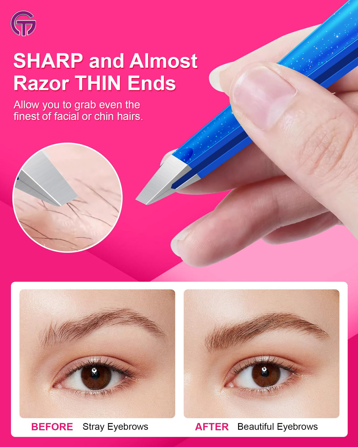 GlamTweeler Expert Slant Tip Tweezers on a bathroom counter