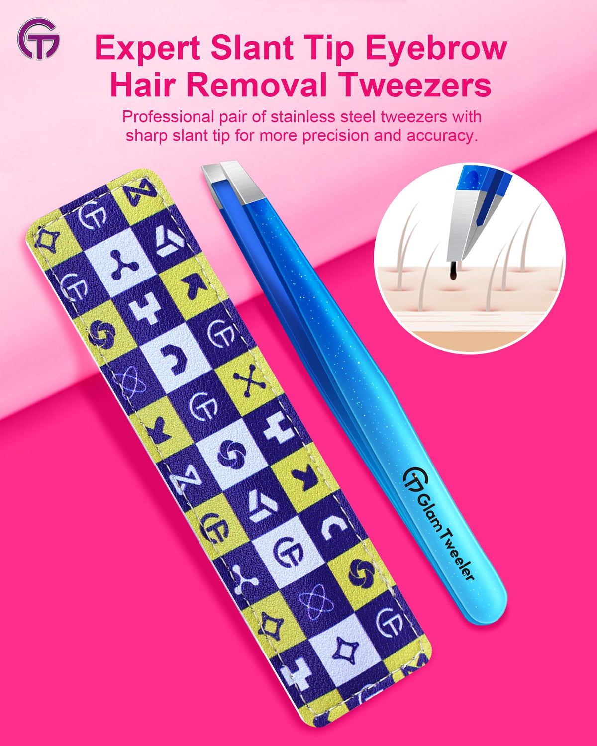 GlamTweeler Expert Slant Tip Tweezers side view showing sharp slant tips
