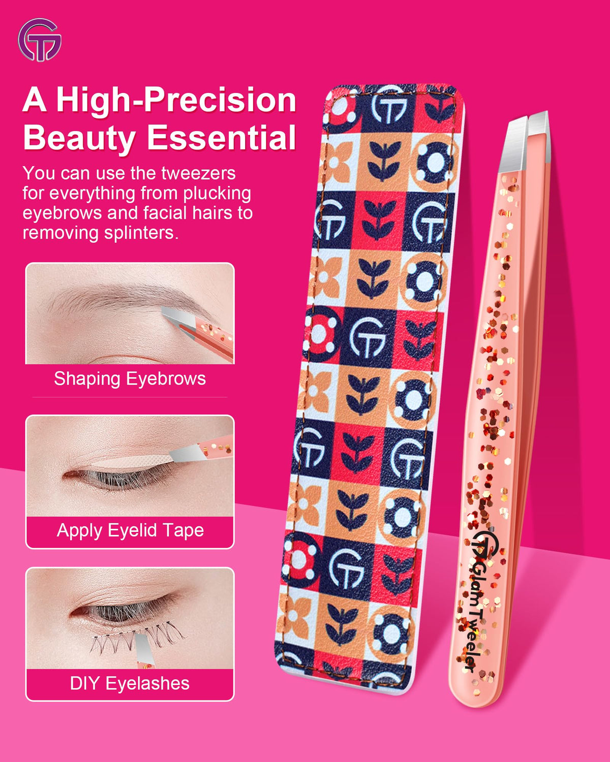 GlamTweeler Expert Slant Tip Tweezers with leather case in a travel bag