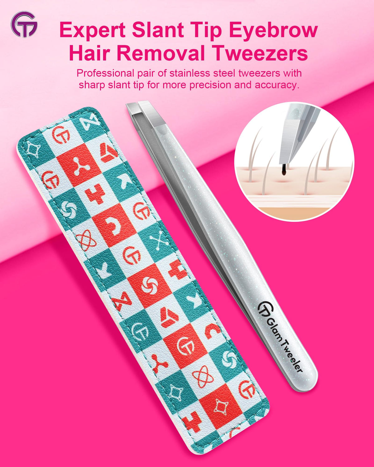 GlamTweeler Expert Slant Tip Tweezers with leather case open