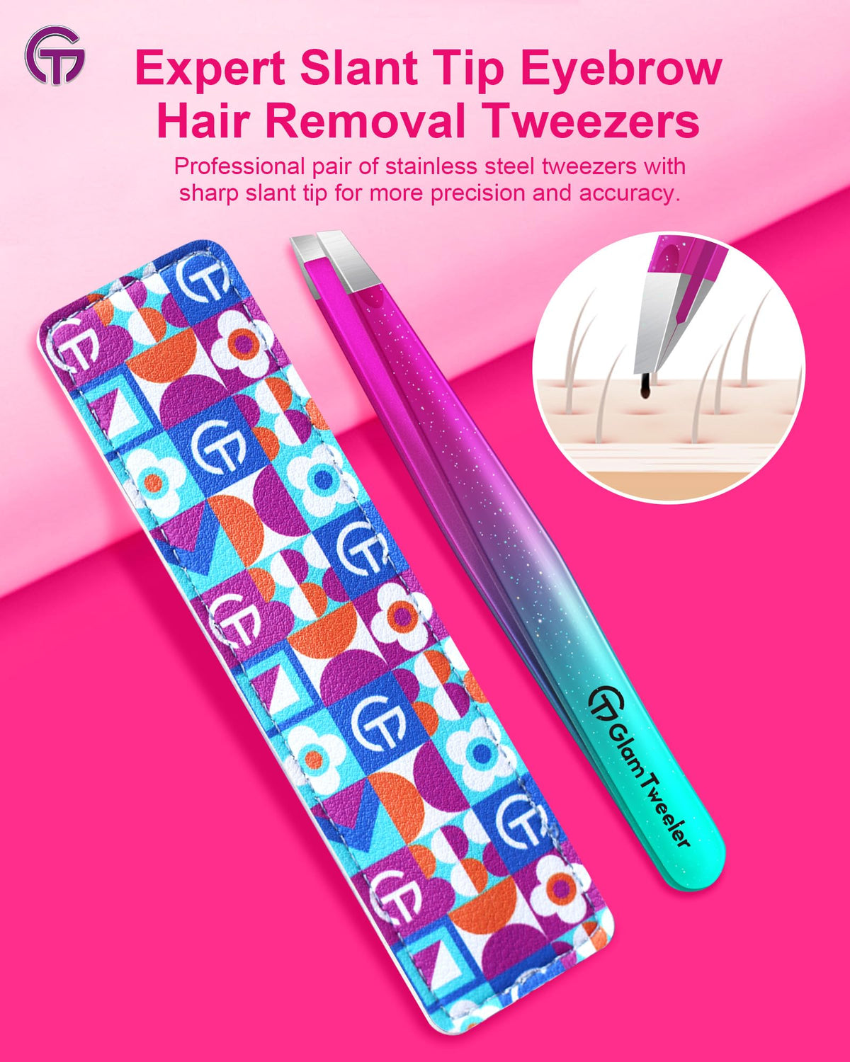 GlamTweeler Expert Slant Tip Tweezers with leather case open