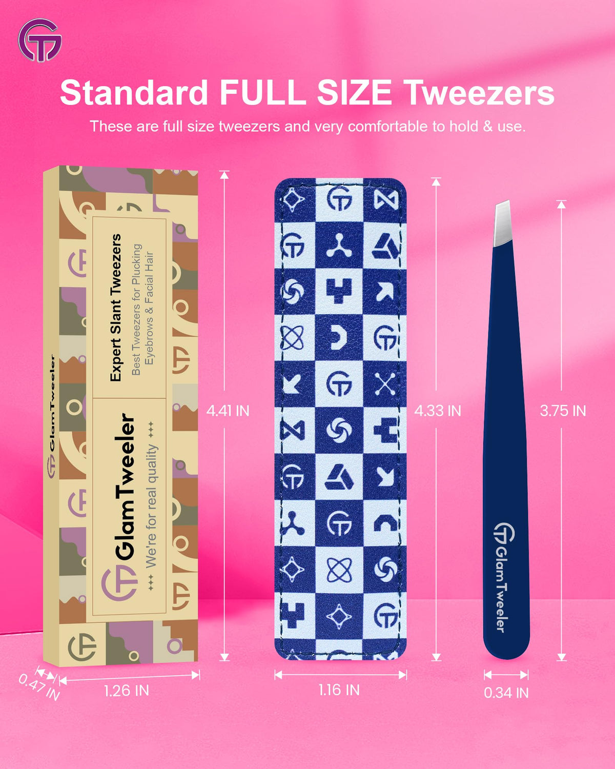 GlamTweeler Expert Slant Tip Tweezers with travel case on a vanity