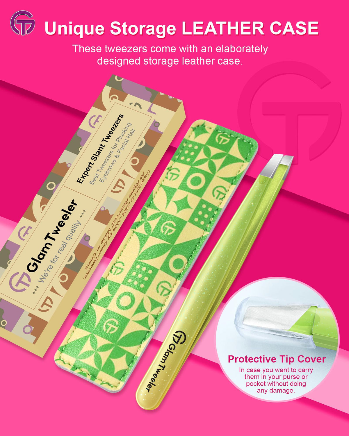 GlamTweeler Eyebrow Tweezer displayed on a vanity