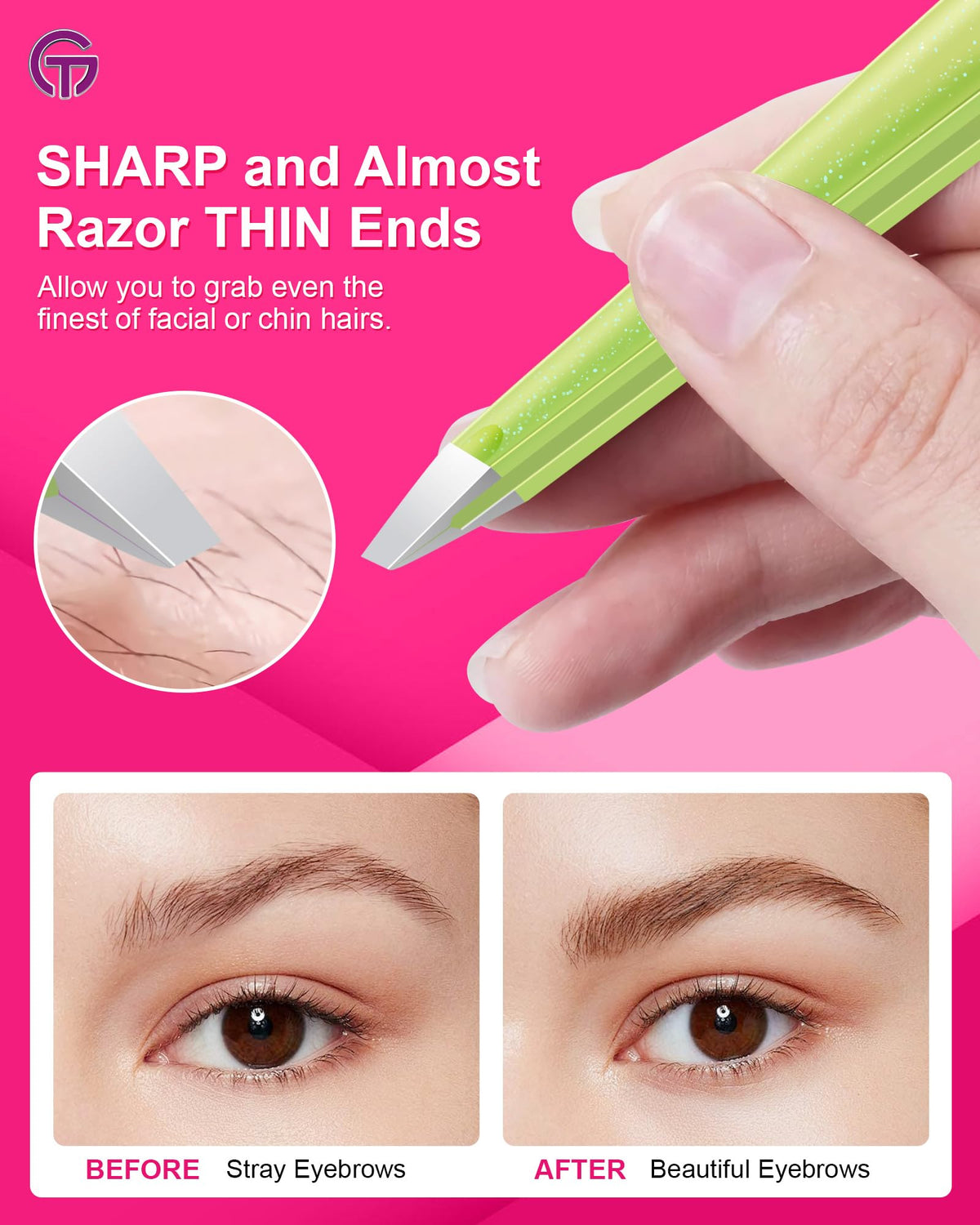 GlamTweeler Eyebrow Tweezer held in hand for size reference
