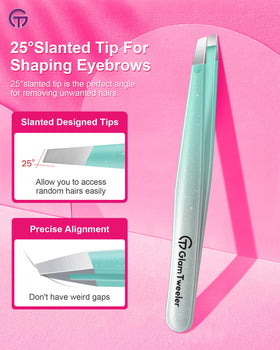 GlamTweeler mint green tweezers alongside leather case