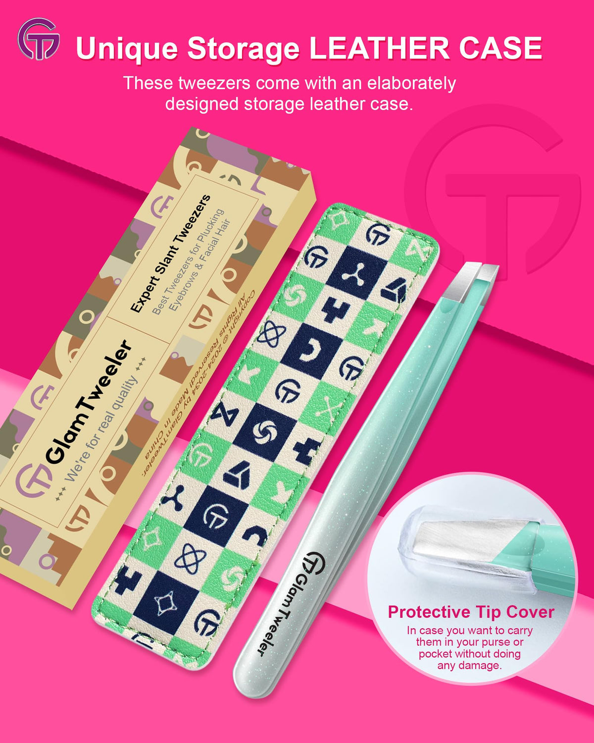GlamTweeler slant tip tweezers with ergonomic design