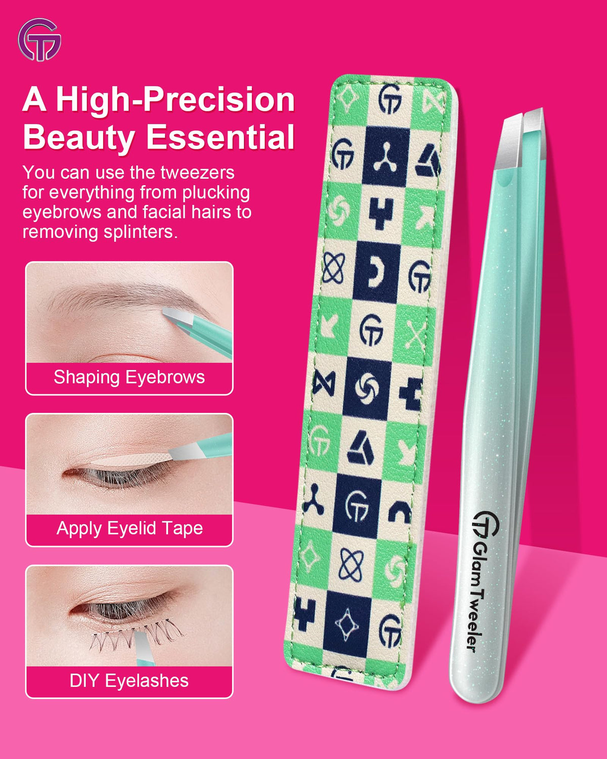 GlamTweeler tweezers displayed in elegant leather case