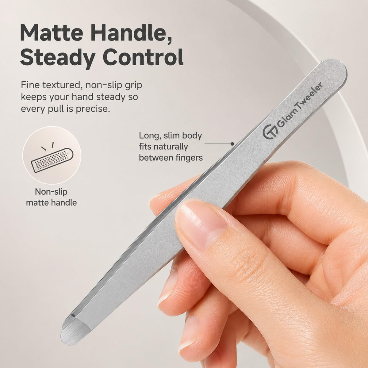 GlamTweeler tweezers in packaging, highlighting rounded tip