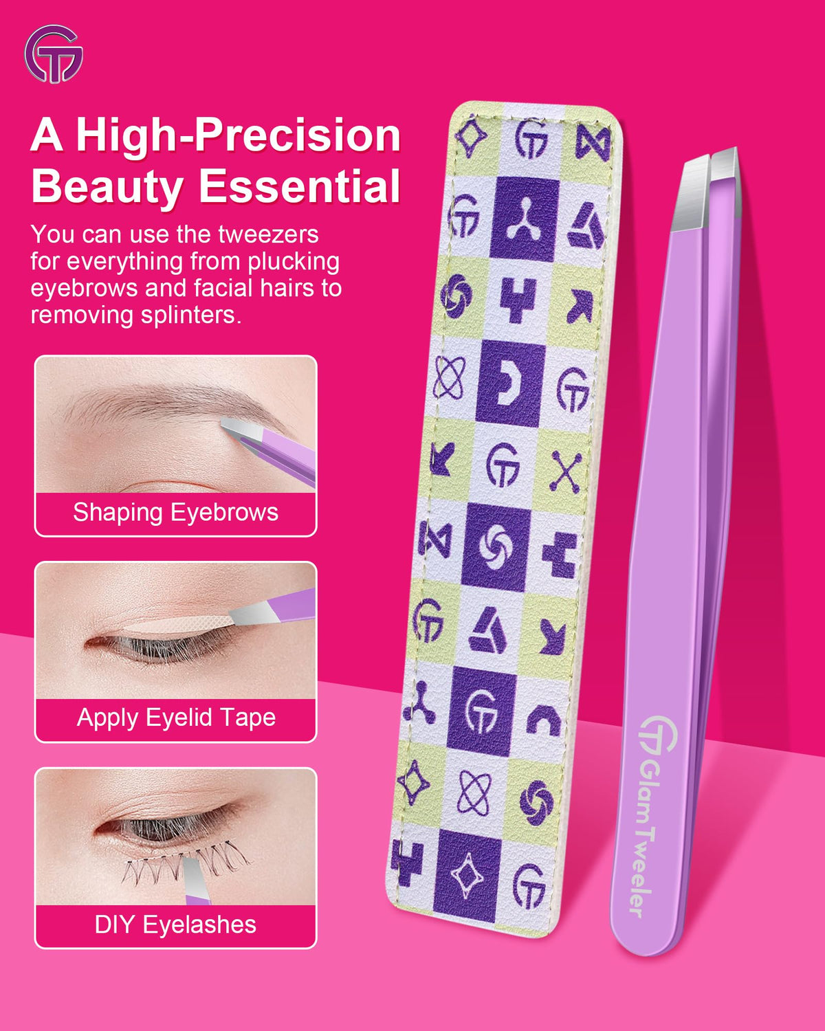 GlamTweeler tweezers next to beauty products for grooming setup