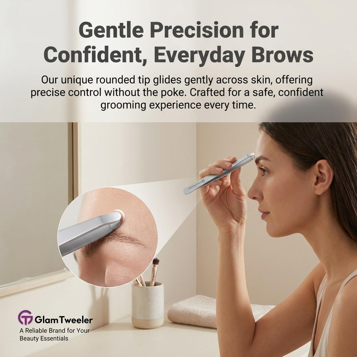 GlamTweeler tweezers on a vanity with beauty products