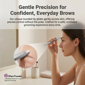 GlamTweeler tweezers on a vanity with beauty products