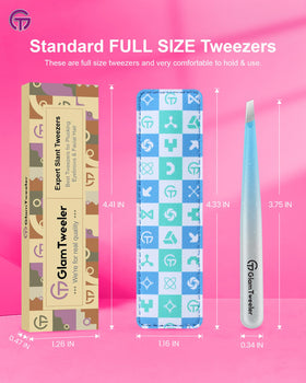 GlamTweeler tweezers with case displayed on a vanity