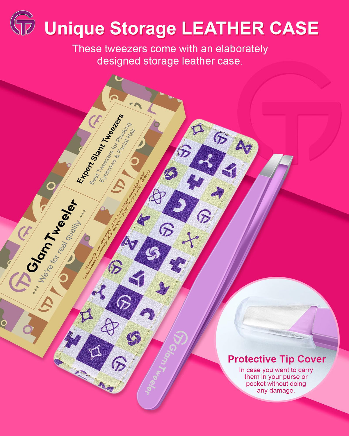 GlamTweeler tweezers with leather case in travel bag