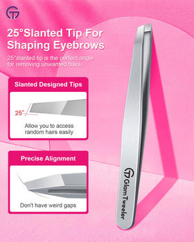 GlamTweeler tweezers with leather case open, displaying the tweezers