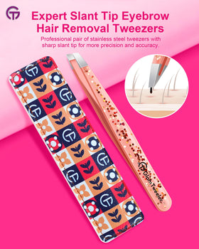 GlamTweeler tweezers with leather case open showing the tweezers
