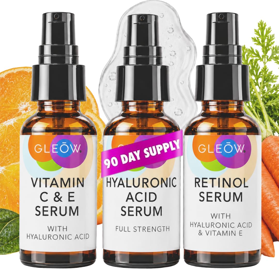GLEOW Skincare Set including Retinol, Vitamin C, and Hyaluronic Acid serums